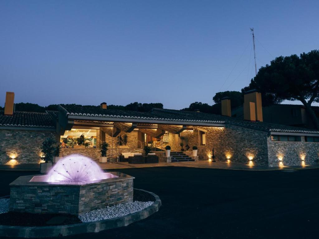 un edificio con una fuente delante de él por la noche en Hotel Restaurante El Montico, en Tordesillas