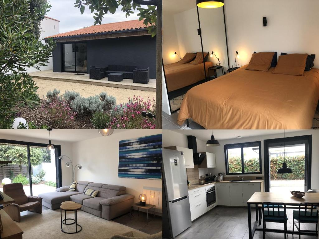 un collage de photos d'une chambre et d'un salon dans l'établissement BIG BEN 750m de la Plage, à Les Sables-dʼOlonne
