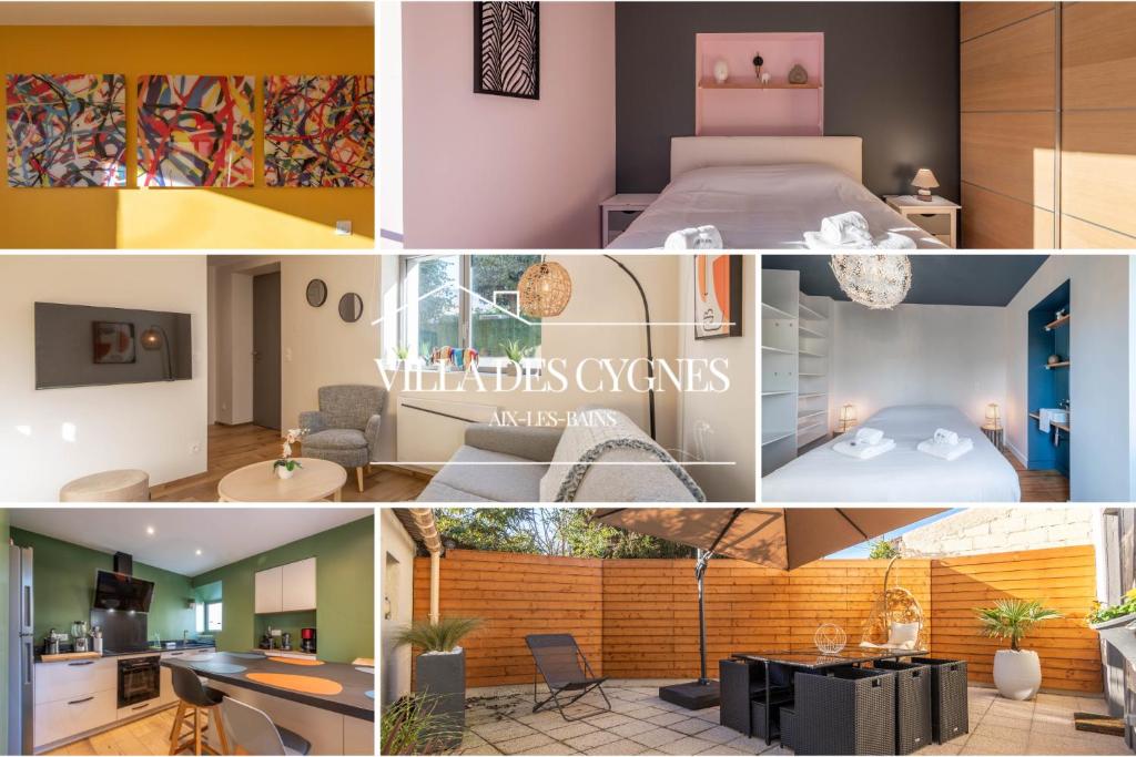 un collage de photos d'une chambre et d'un salon dans l'établissement Villa des Cygnes près du lac marina Grand Port, à Aix-les-Bains