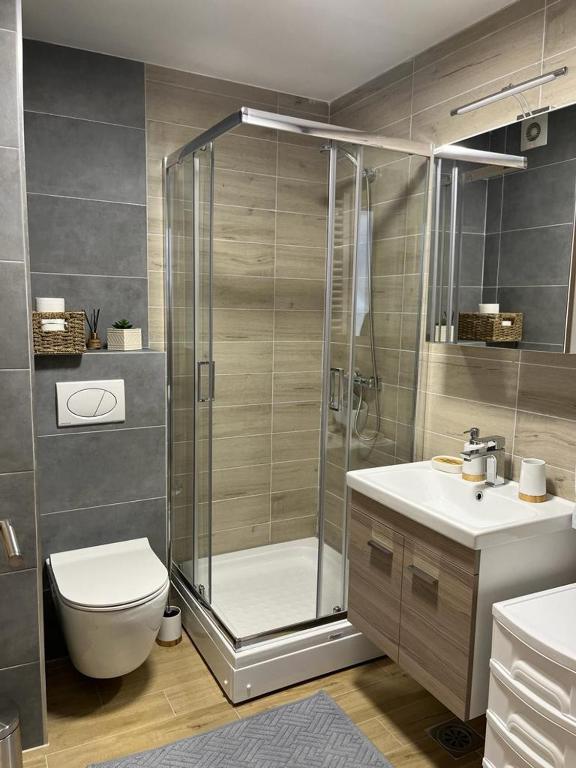 un bagno con doccia, WC e lavandino di zeleni bor Divcibare a Divčibare