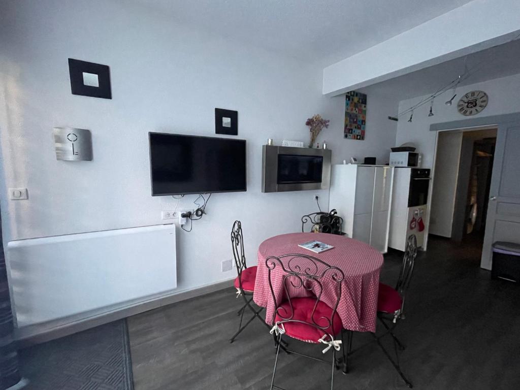 TV a/nebo společenská místnost v ubytování Le Mouflon Résidence Olympe, T2 centre ville 4 personnes, Parking privatif gratuit, Prise Green Up véhicule électrique, Possibilité forfait ménage et location linge de lit et de toilette