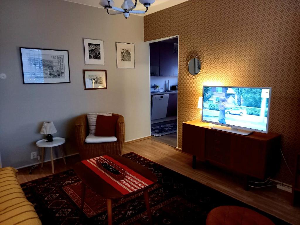 a living room with a couch and a television at Citykoti in Varkaus