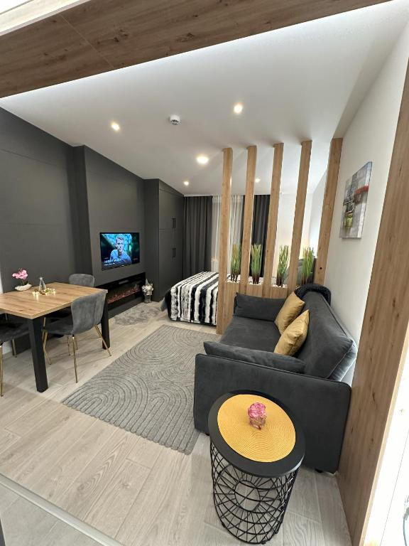 a living room with a couch and a bedroom at Dux Apartmani - Milmari, Kopaonik in Cajetina