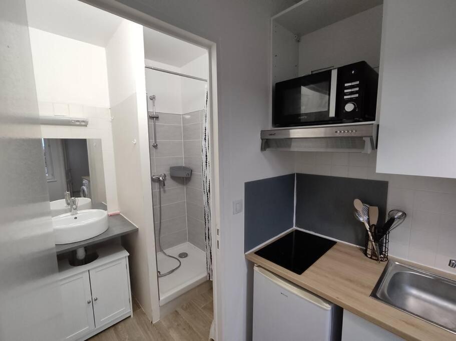 a small kitchen with a sink and a microwave at Le 5, Wifi, Parking, Centre in Châteauroux