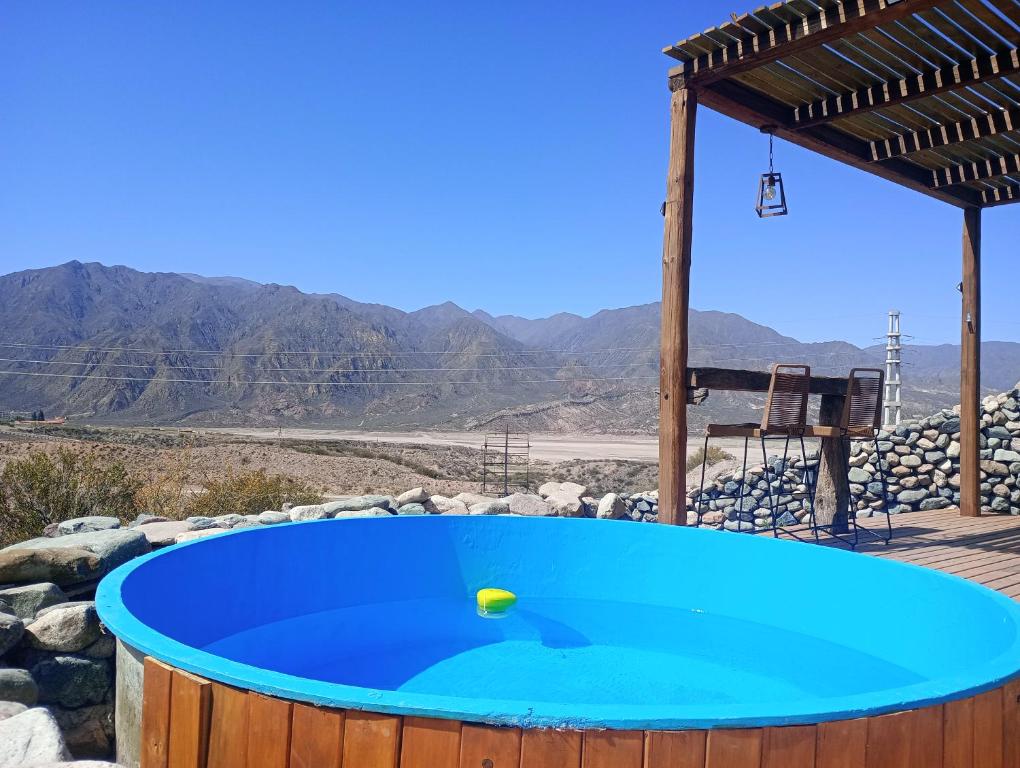 Una gran bañera azul con una pelota de tenis. en RevolucionArte Potrerillos en Luján de Cuyo