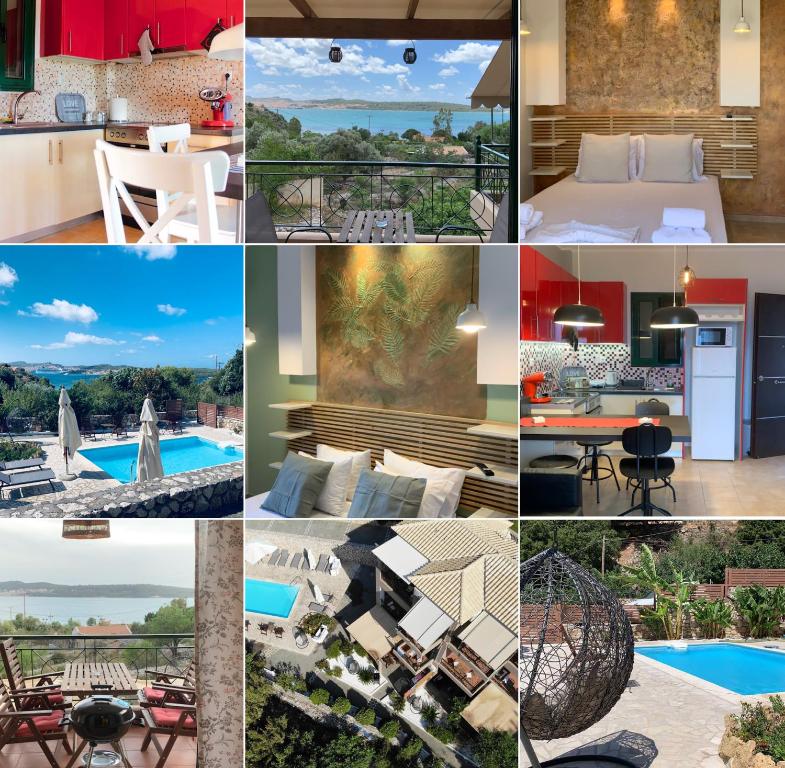 een collage van foto's van een resort met een zwembad bij Katarina Apartments in Kefallonia