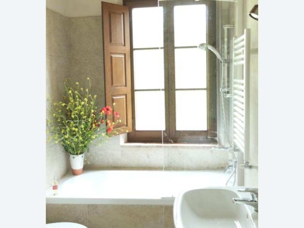 łazienka z oknem i wazą kwiatów w obiekcie Molino della Tuoma w mieście San Quirico dʼOrcia