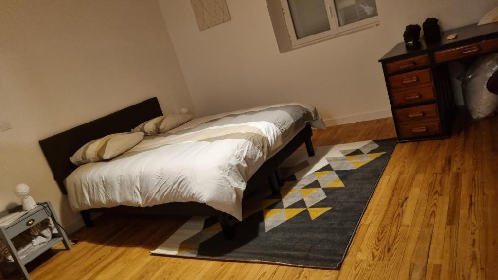 1 dormitorio con 1 cama con alfombra y vestidor en Chez Lofred 1 en Four