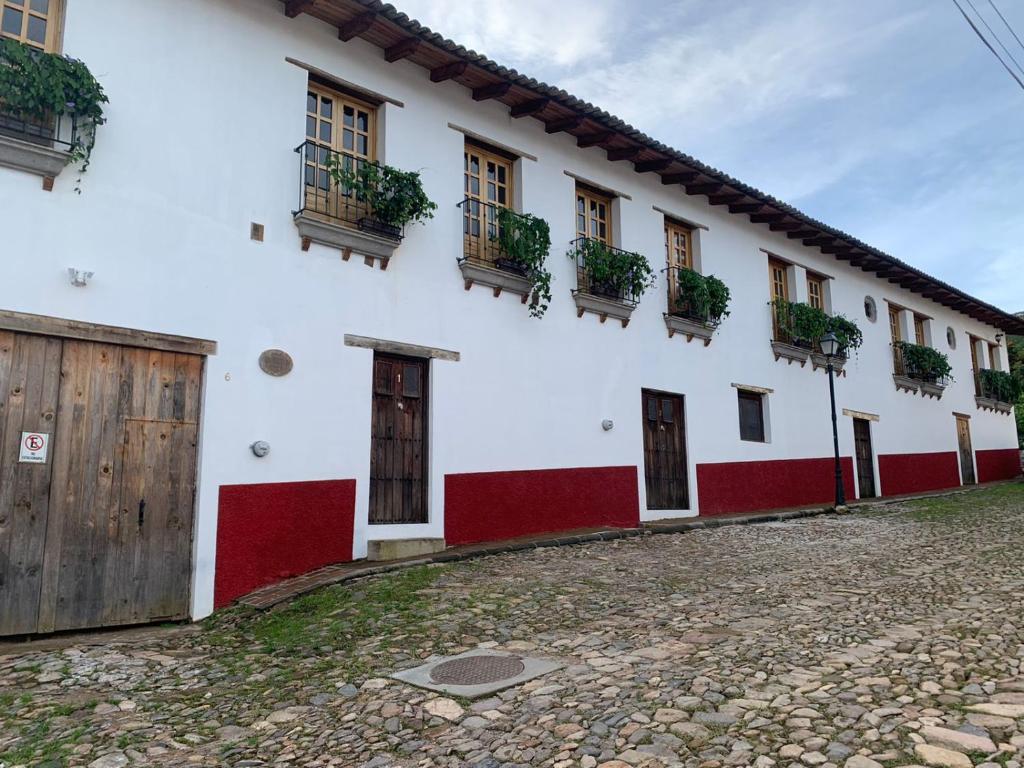 um edifício branco com vasos de plantas nas janelas em Casa Dos Gallos em San Sebastián del Oeste