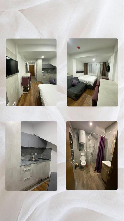 eine Collage mit Fotos eines Hotelzimmers in der Unterkunft President Kopaonik Apartman l/ll 