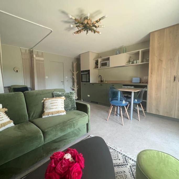 een woonkamer met een groene bank en een tafel bij Studio indépendant entre lac et montagne in Seynod