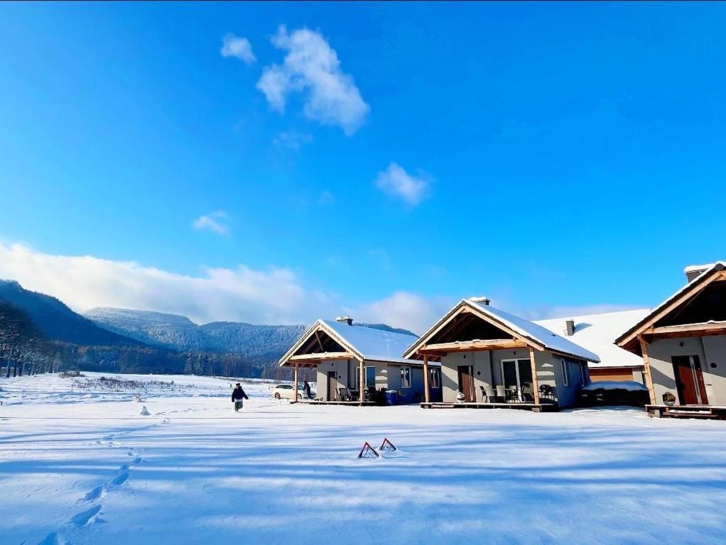 una persona caminando en la nieve junto a las casas en Osada Górski Potok Radków, en Radków