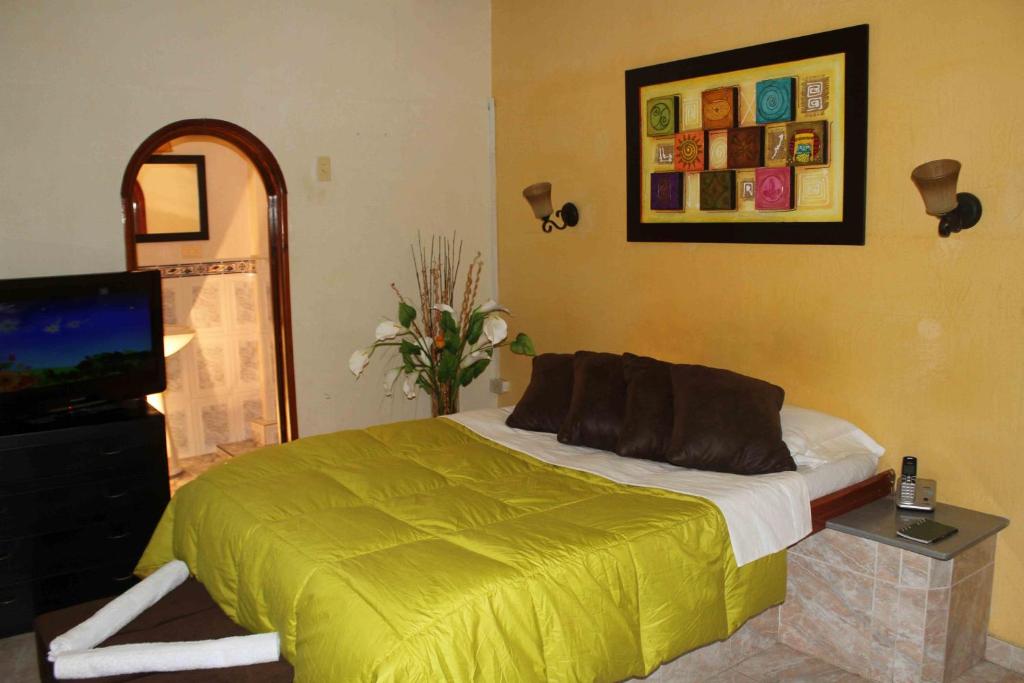 een slaapkamer met een bed en een flatscreen-tv bij Hotel Ensueño in Pereira