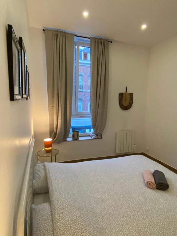 1 dormitorio con cama blanca y ventana en Rogier 6, en Mons