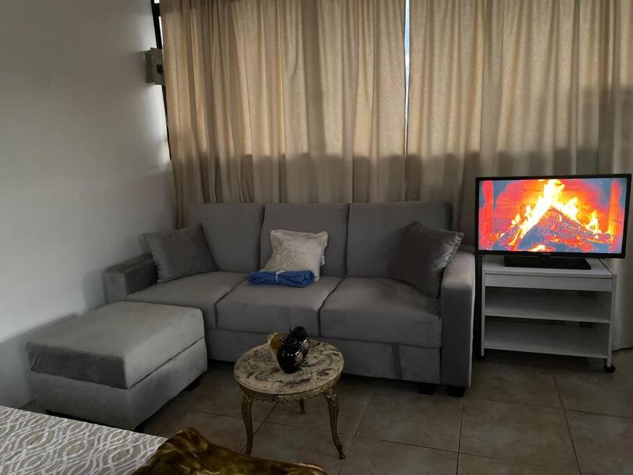 sala de estar con sofá y TV en Suite Independiente e íntima al Norte de Quito, en Quito