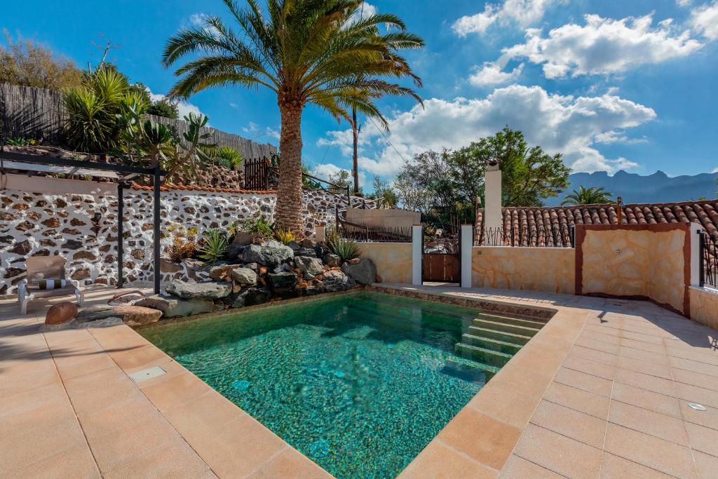 a swimming pool in a backyard with a palm tree at Las Casas de la Rueda - El Patio in Santa Lucía