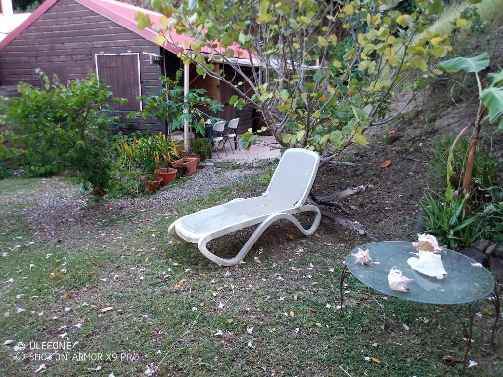 einen Sessel und einen Tisch im Garten in der Unterkunft Le Bungalow des Hauts de la Prairie in Le François