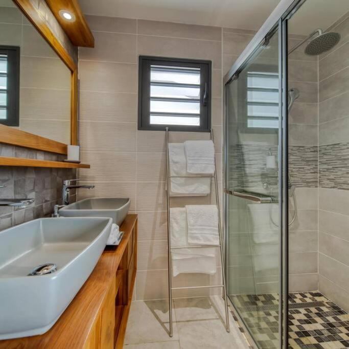 a bathroom with a sink and a glass shower at Amadria La Saline - 4 personnes in La Saline Les hauts 