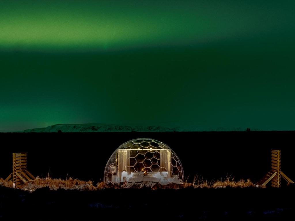 ヘトラにあるAurora Iglooの緑の空の下の野原のイグルー