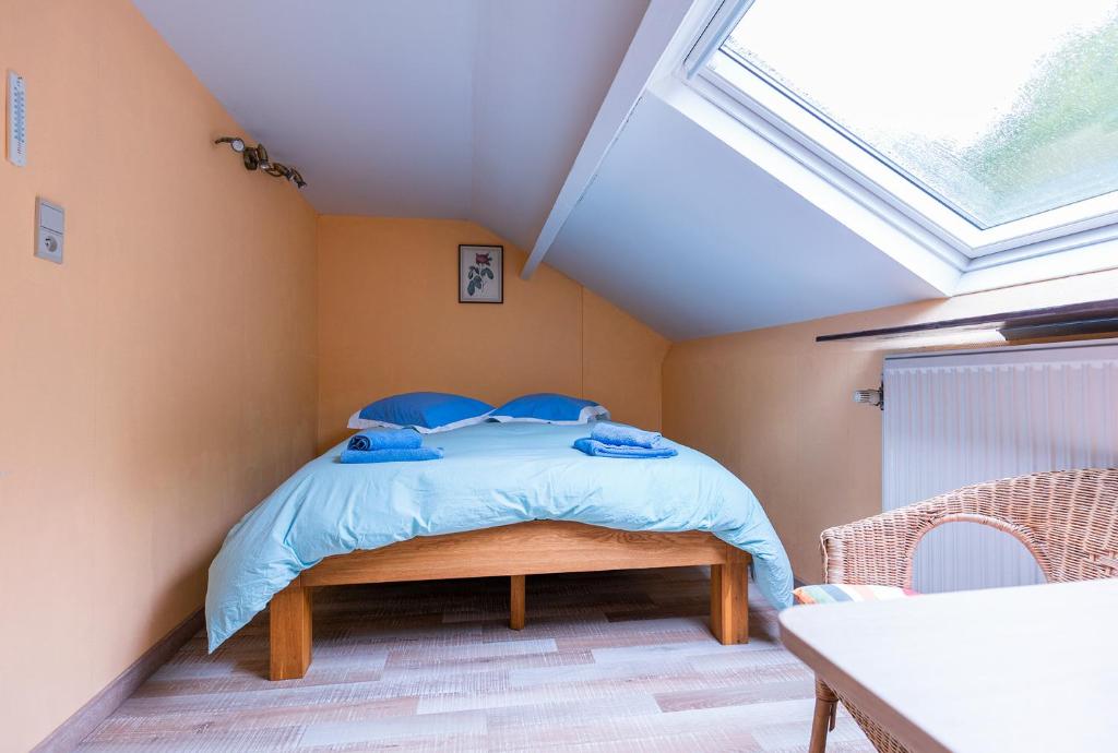 a bedroom with a bed in a room with a skylight at Orval16 in Villers-devant-Orval