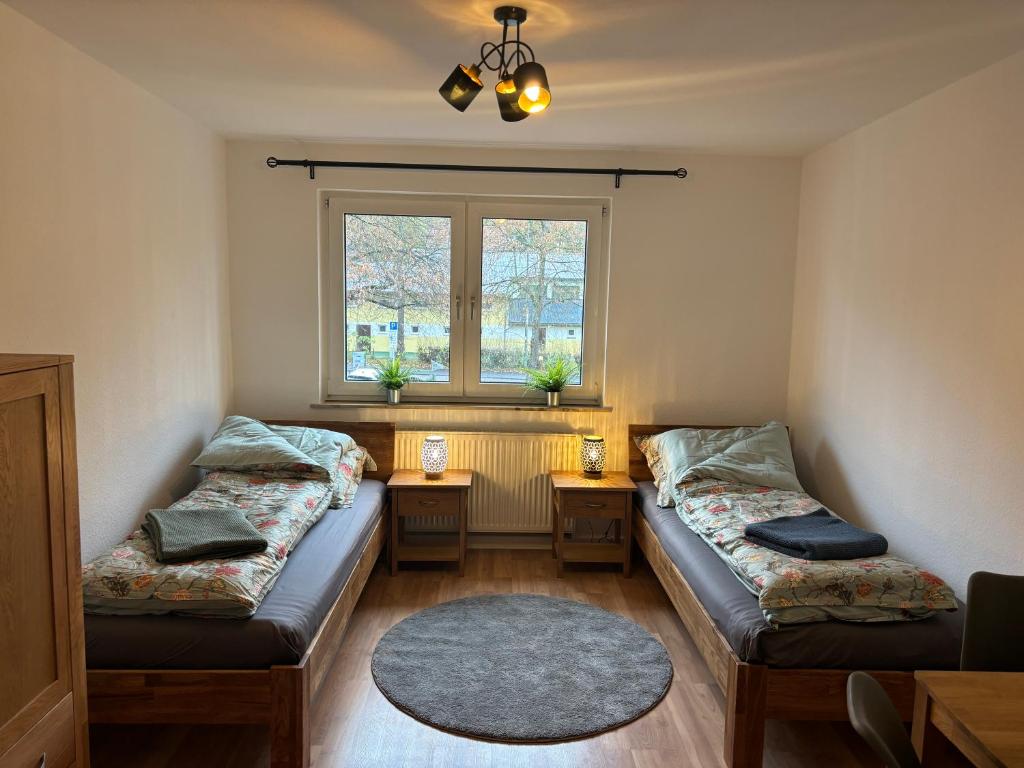 Pokój z 2 łóżkami i oknem w obiekcie Anna´s Apartments w mieście Wiesbaden