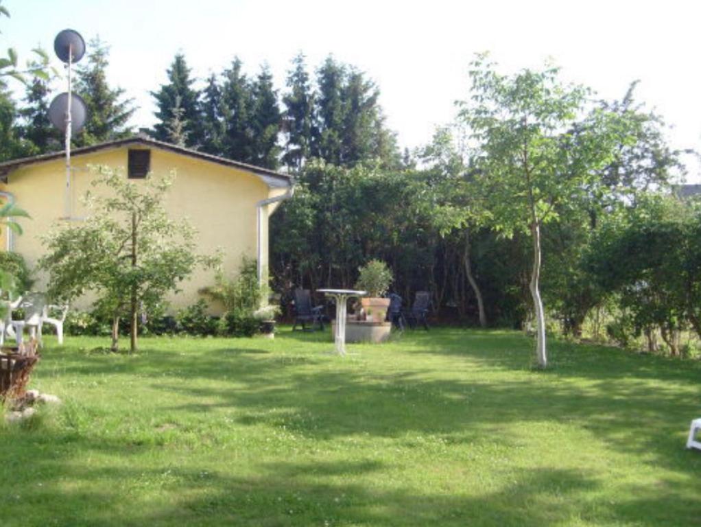 a yard with a house and a tree at Heidtschmidhof Gästehaus in Wolgast