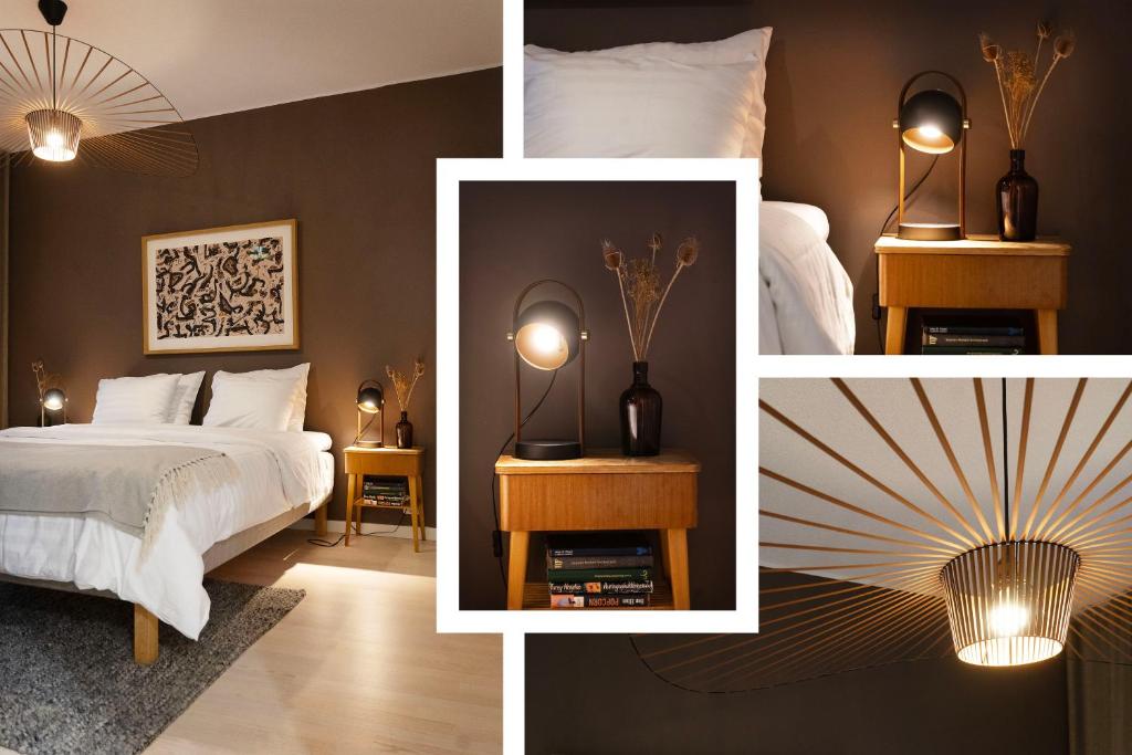 a collage of pictures of a bedroom with a bed and a lamp at Luminary 21 in Tampere