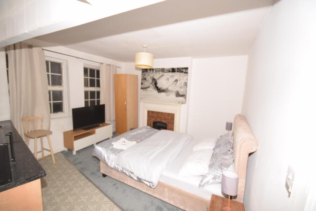 um quarto com uma cama e uma televisão em Lordship Studios em Londres