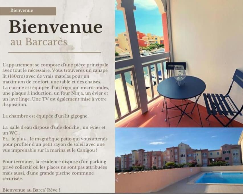 un flyer pour un appartement avec une table et une fenêtre dans l'établissement Superbe studio rénové avec piscine et vue marina, au Barcarès