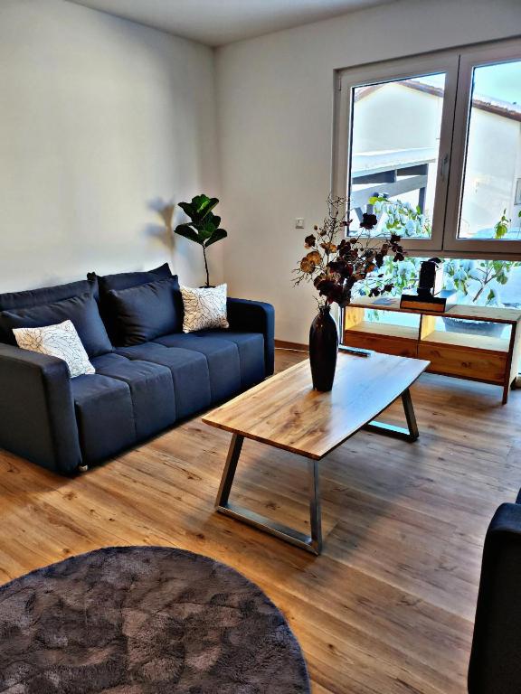 a living room with a blue couch and a coffee table at Lions Place Premium Apartments COMFORT optionaler Zugang zum SPA- Bereich in Heidenheim an der Brenz