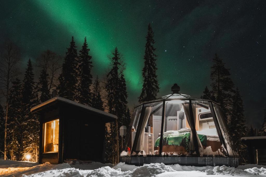 an igloo under the aurora in the snow at Nova Galaxy Village in Rovaniemi