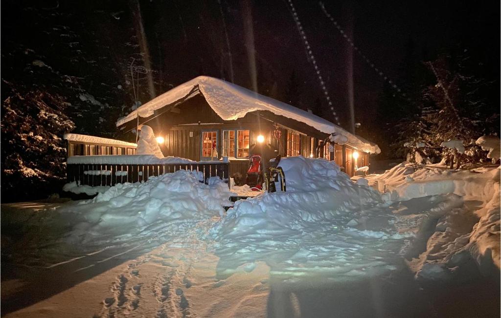 una casa cubierta de nieve por la noche con luces en Stunning Home In Aurdal With House A Mountain View en Aurdal