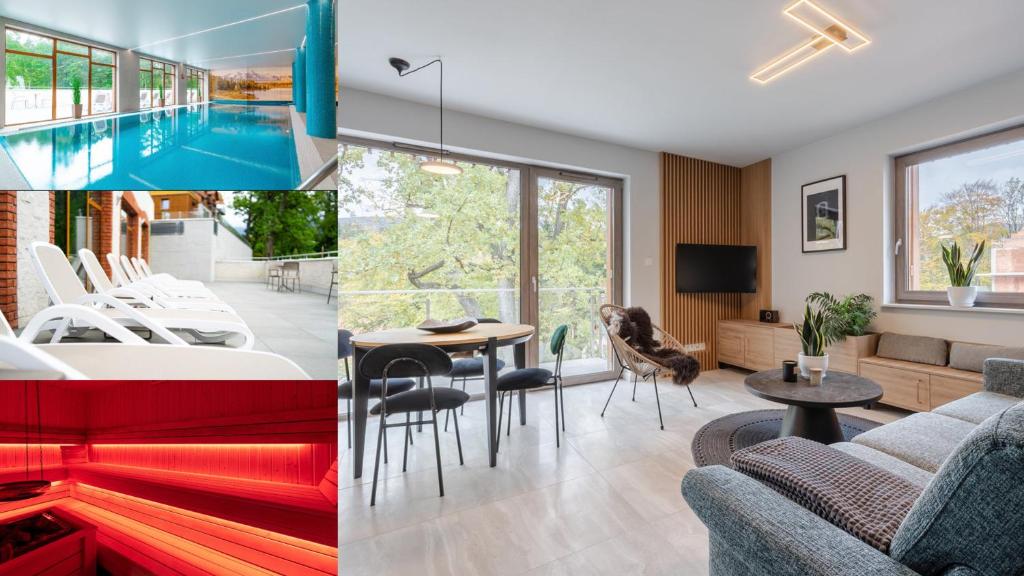 een collage van foto's van een woonkamer en een huis bij Apartamenty EverySky - Kilińskiego 8 in Szklarska Poręba