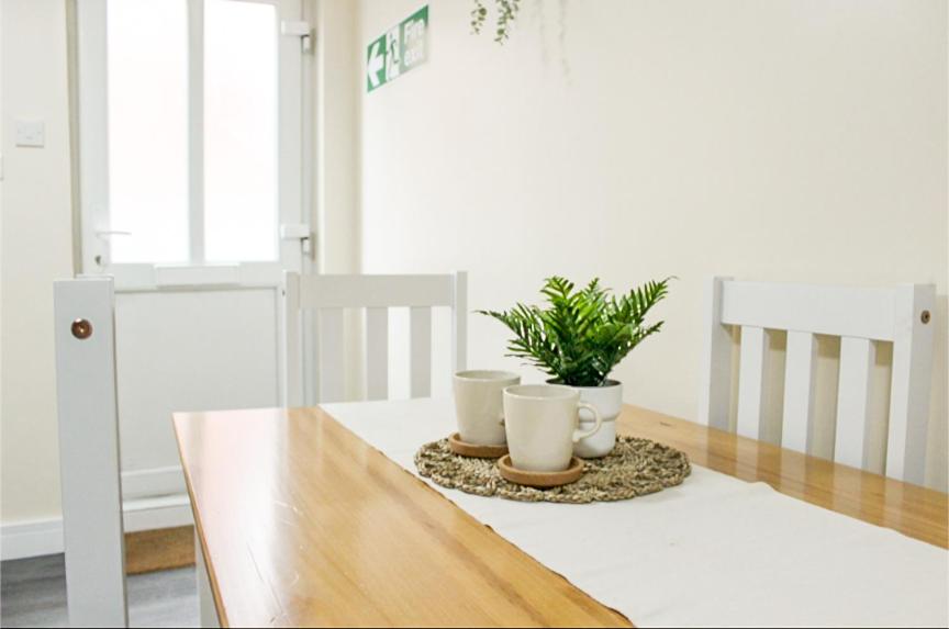 a table with three cups and a potted plant on it at west walk house in Nottingham