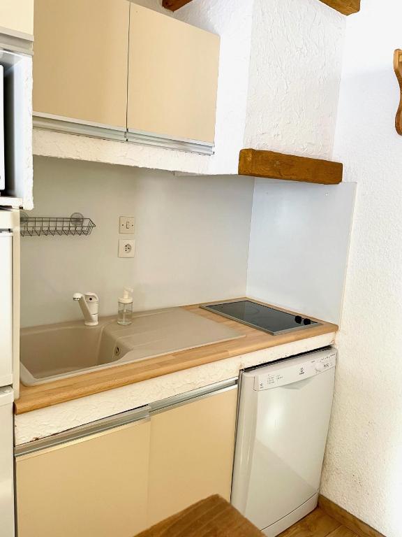 Kuchyň nebo kuchyňský kout v ubytování Appartement T1 pour 5 aux 2 Alpes - Terrasse sur jardin, Wi-Fi, parking gratuit