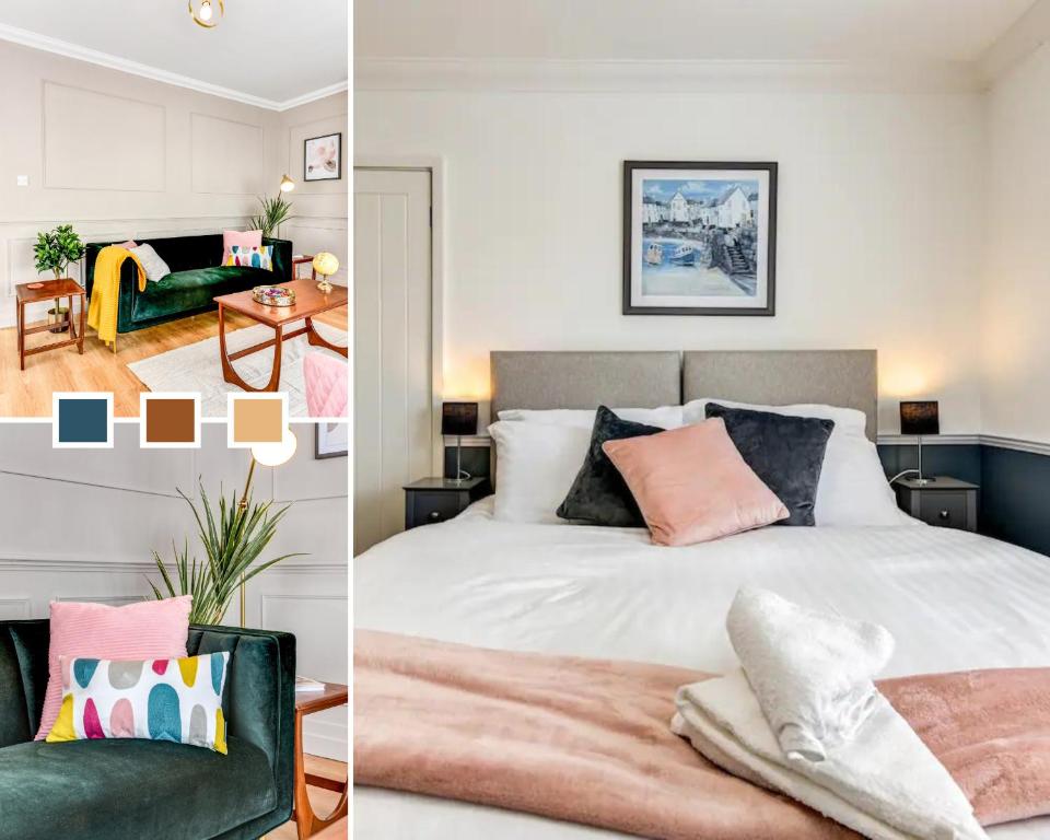 two pictures of a bedroom with a bed and a living room at Great Location, Ideal Place for your December Stay, Close to the beach, station and restuarants, Cosy House l by Bluehouse Short Lets Brighton in Brighton & Hove