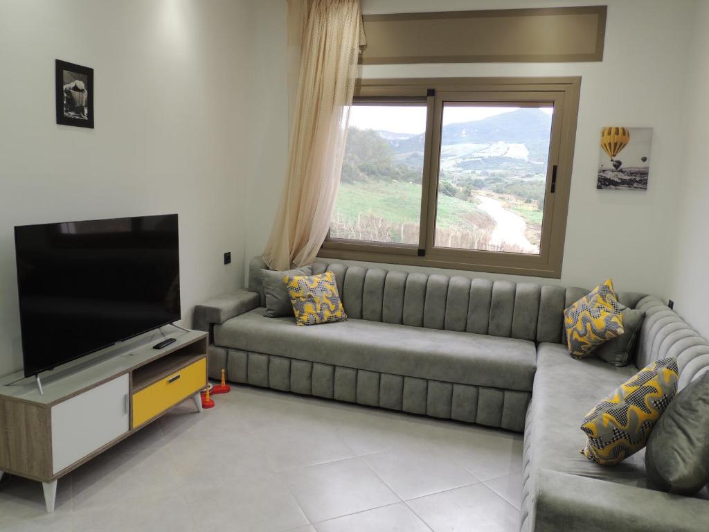 a living room with a couch and a flat screen tv at Good Life Yellow and Ocean Holiday Apartments 