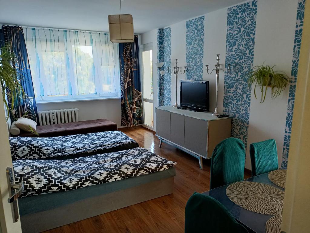 Cette petite chambre comprend 2 lits et une télévision. dans l'établissement Pl Zwycięstwa Centrum dla 5osób, à Piła
