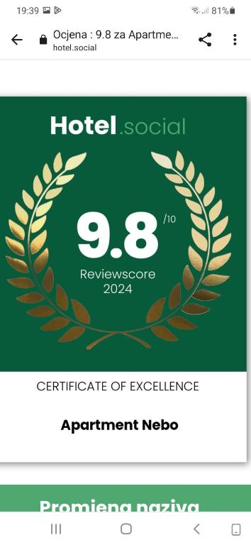 Certifikát, ocenenie alebo iný dokument vystavený v ubytovaní Apartment Nebo