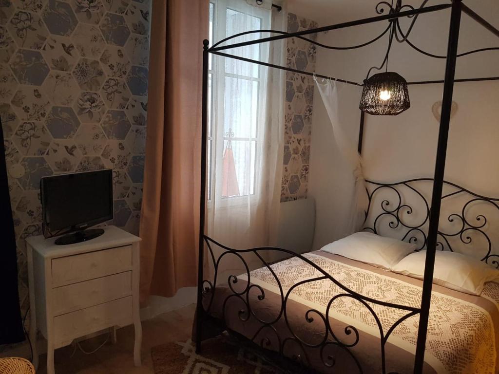 a bedroom with a bed and a television and a window at La suite du Docteur Privey in Tournus