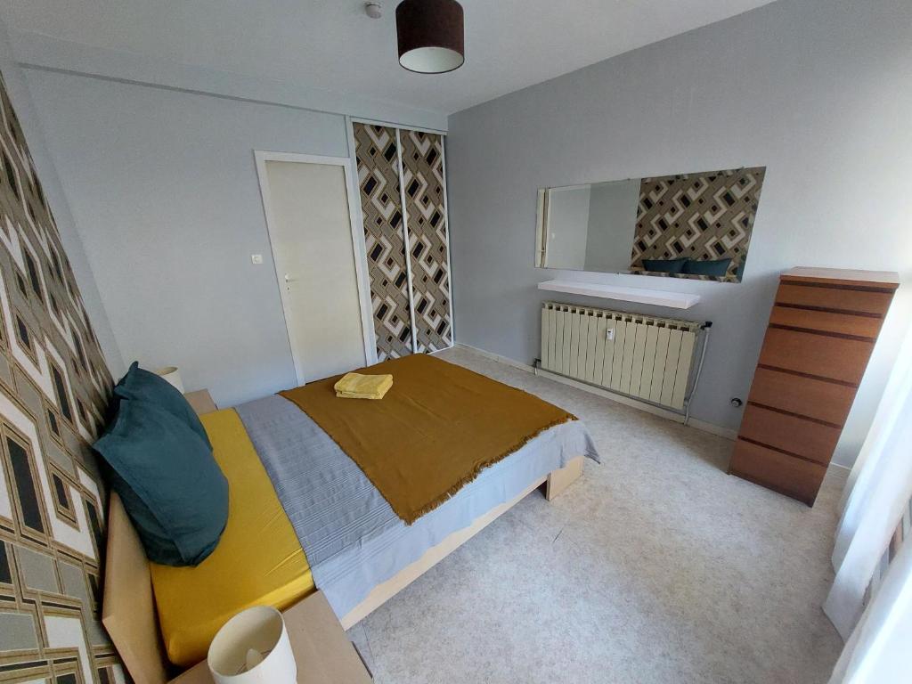 ein Schlafzimmer mit einem großen Bett und einem Spiegel in der Unterkunft Appartement Thiers in Avignon