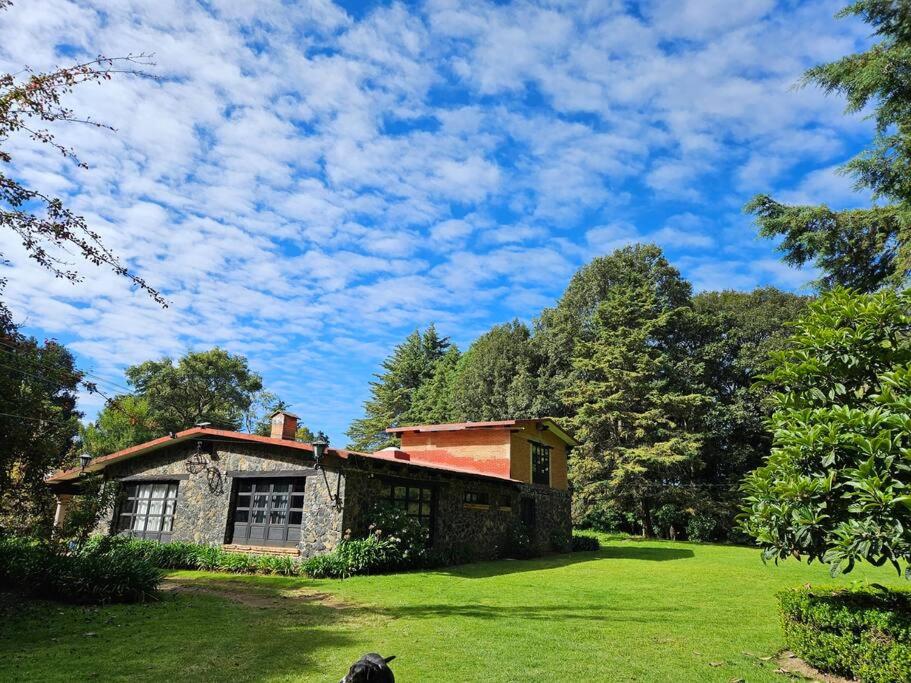 ein Haus auf einem Feld mit einem grünen Hof in der Unterkunft ¡Nueva! Bamboo Tesoro del Bosque in Morelos