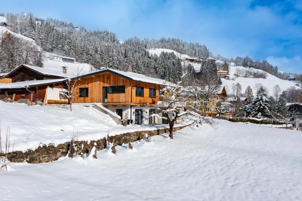 une maison en bois dans la neige avec des arbres enneigés dans l'établissement Alpenchalet zurHinterochsenweide SKI IN & SKI OUT, à Brixen im Thale