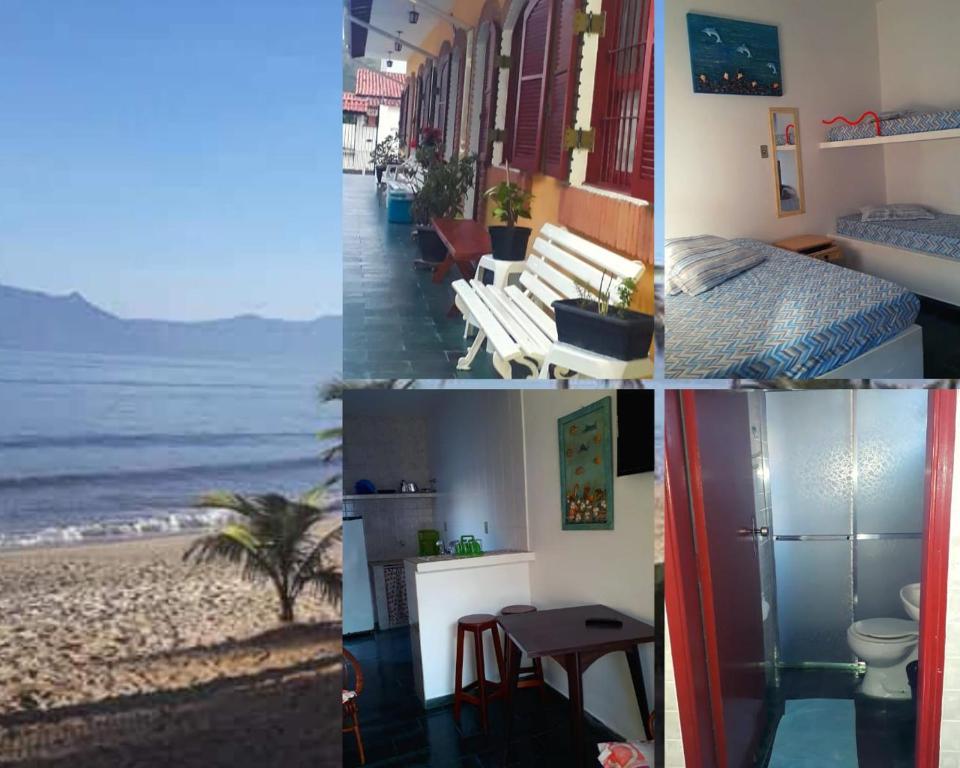 eine Collage mit Fotos eines Hotels mit Strand in der Unterkunft Chalé na Praia Martim de Sá in Caraguatatuba