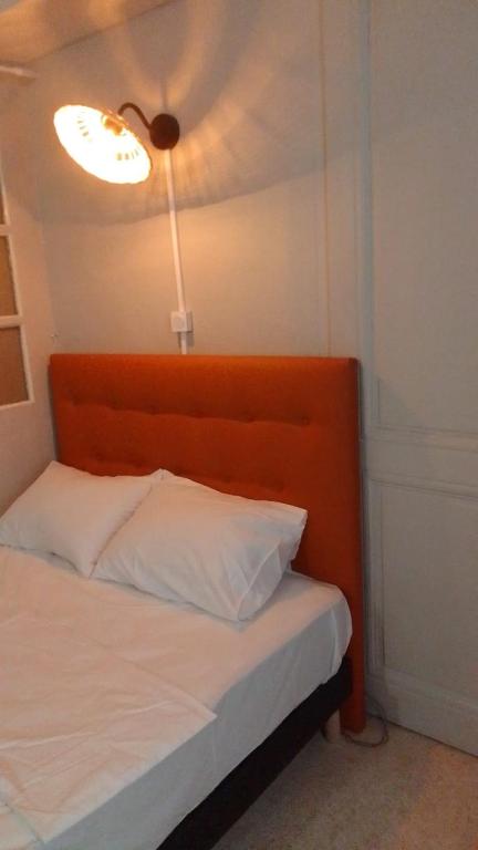 a bedroom with a bed with a light on the ceiling at Appartement vieux Lyon in Lyon