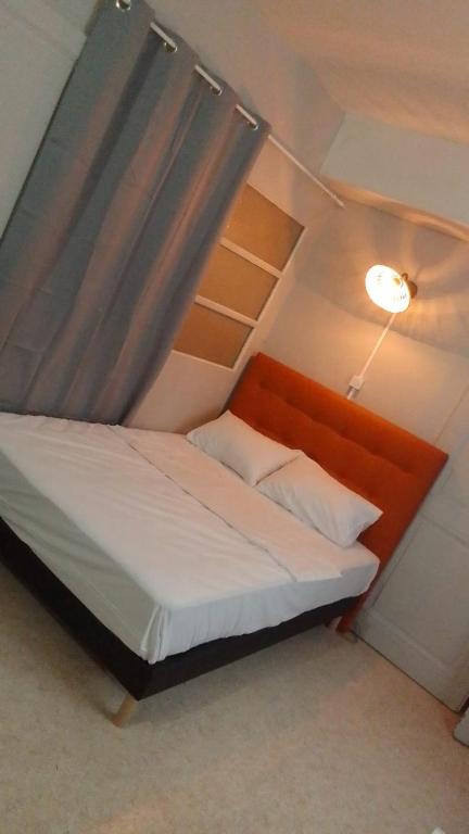 ein kleines Schlafzimmer mit einem Bett mit Baldachin in der Unterkunft Appartement vieux Lyon in Lyon
