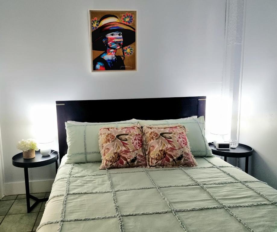 1 cama con 2 almohadas y una pintura en la pared en JDs Tropical stays en Cairns