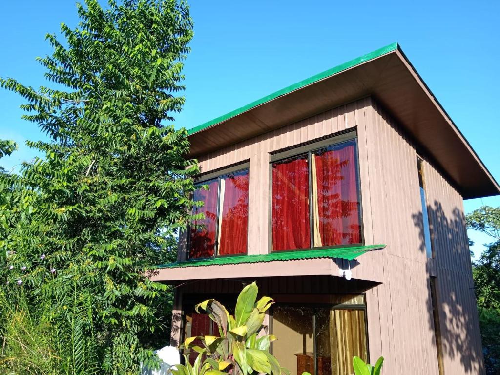 una casa con cortinas rojas delante de un árbol en Cabaña Vistas De La Amistad, en Coto Brus