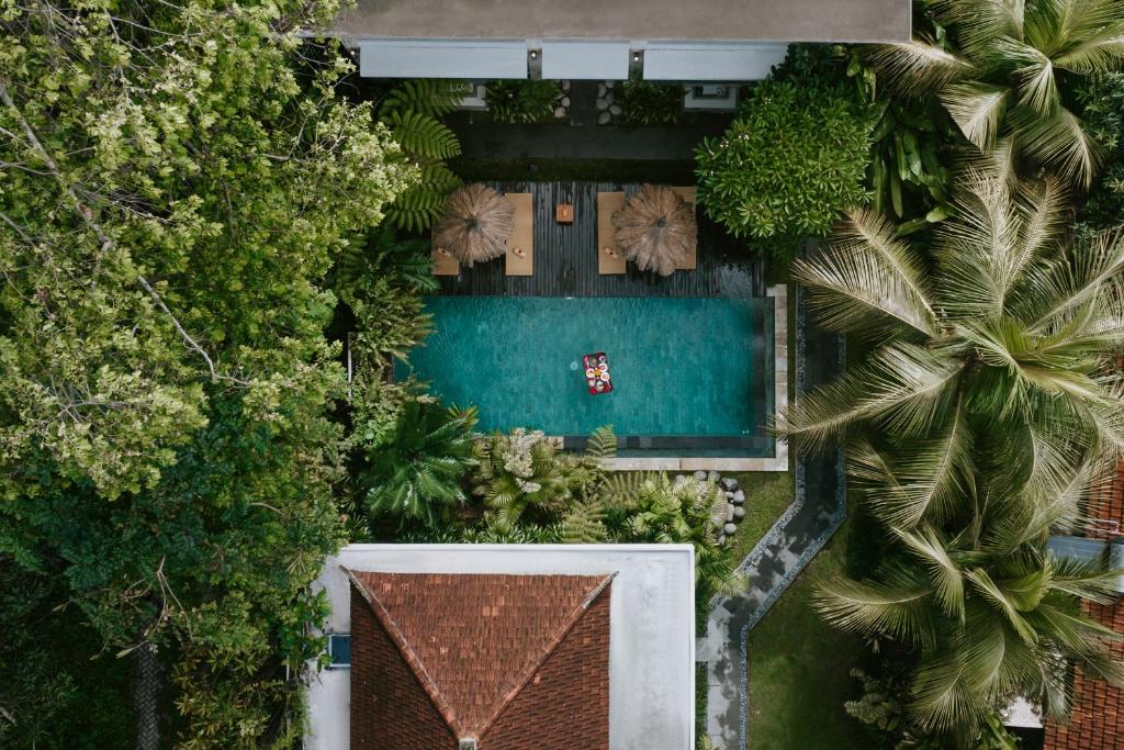z góry widok na ośrodek z basenem i palmami w obiekcie The Umari w mieście Ubud