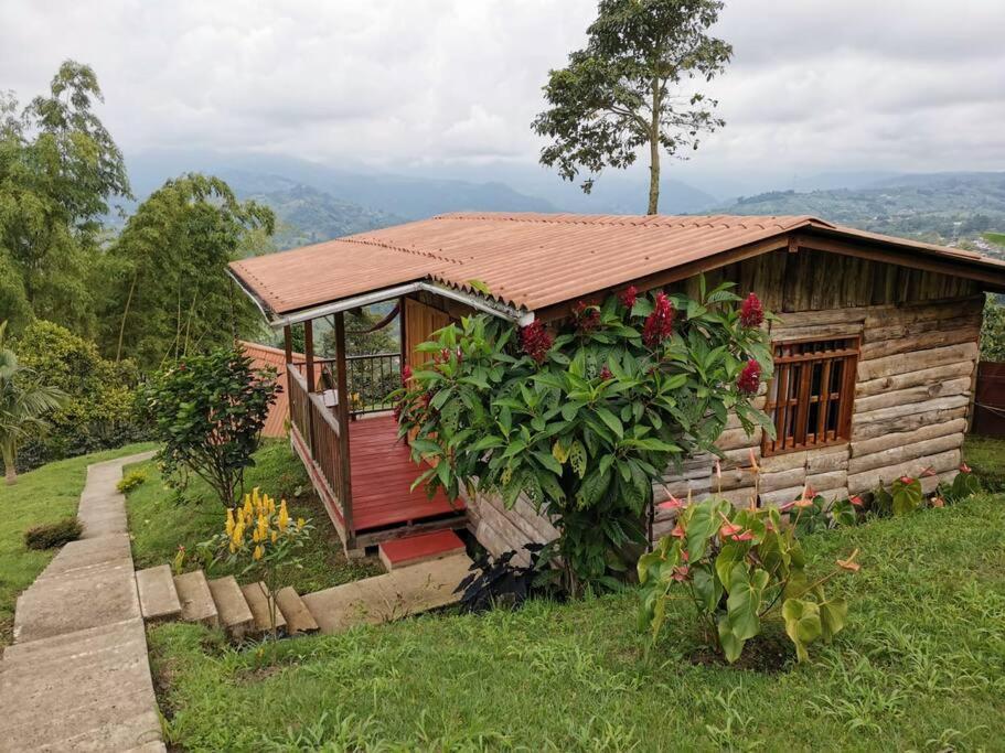 une petite maison en bois avec un toit dans l'établissement Cabaña Bella Vista, à Pereira